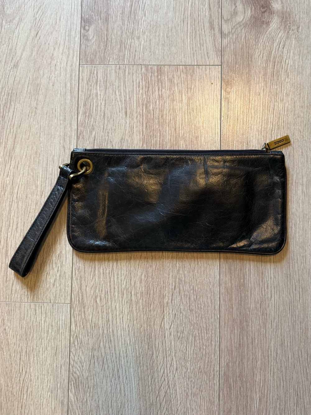 HOBO International Black Leather Wristlet Clutch with bronze hardware Vintage